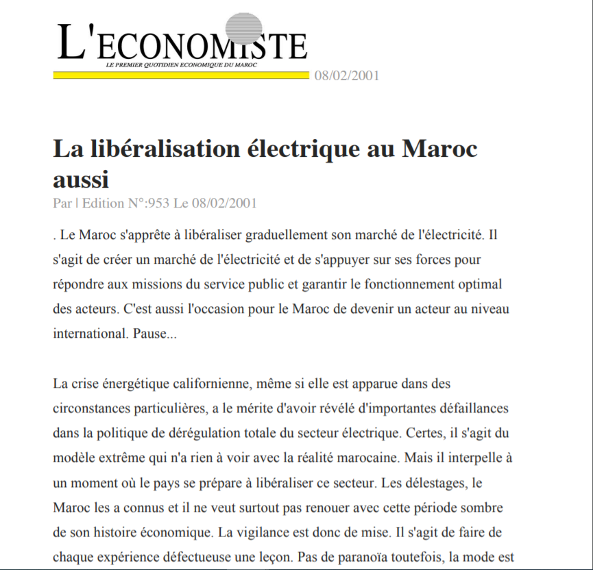 La liberalisation electrique L'Economiste 08_02_2001