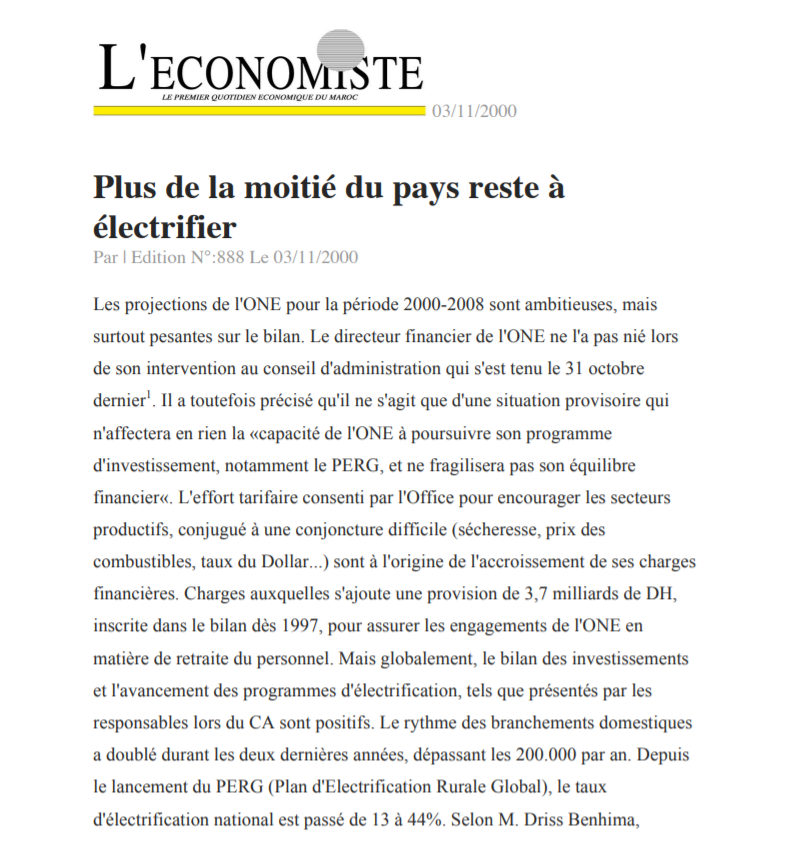 La moitie du pays a electrifier L'Economiste  03_11_2000