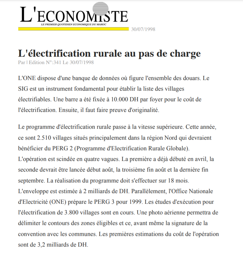 L'Electrification rurale L'Economiste 30_07_1998