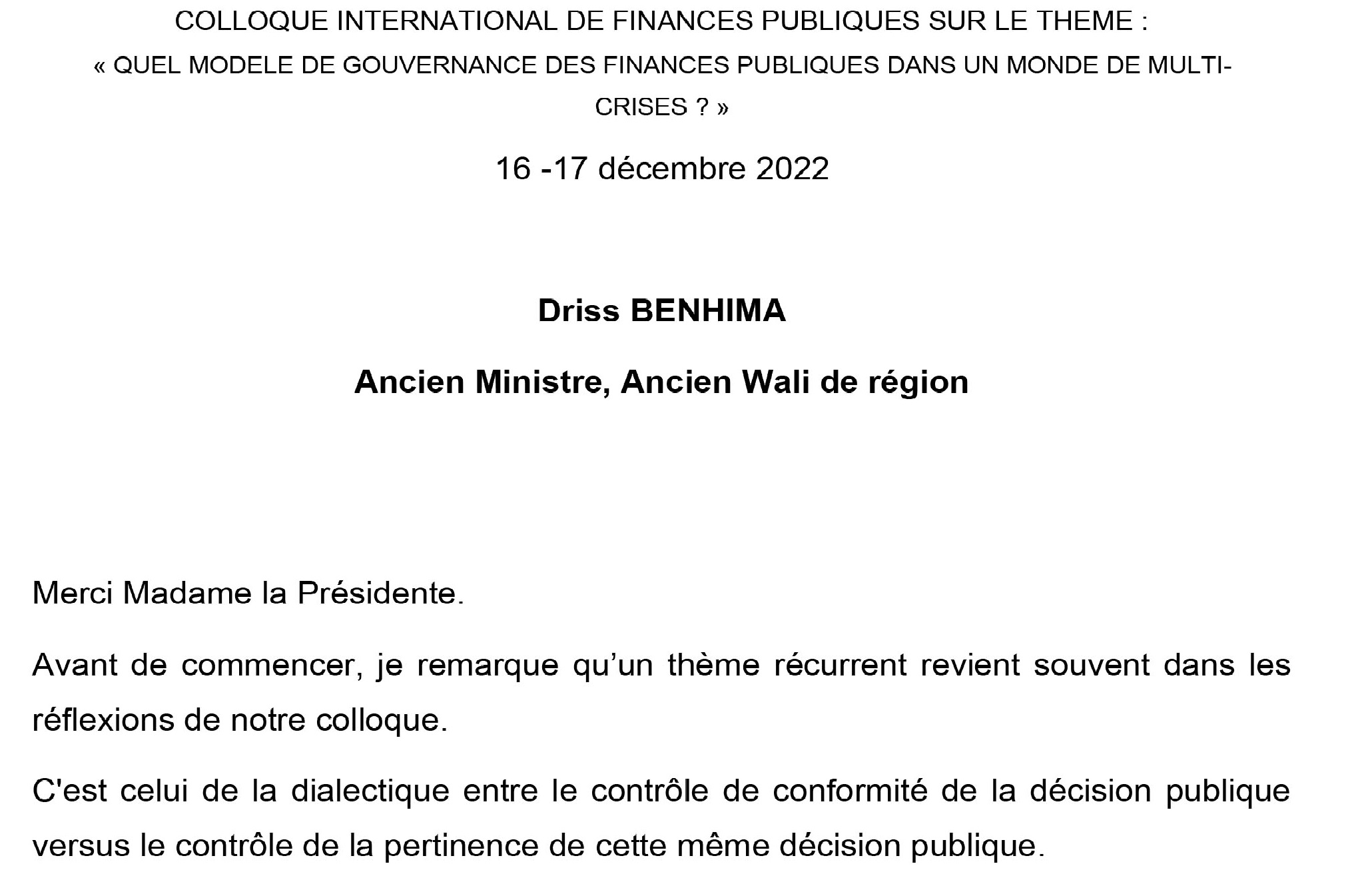 Colloque international de finances publiques sur le thème :« Quel modèle de gouvernance des finances publiques dans un monde de multi-crises? »  16 -17 décembre 2022