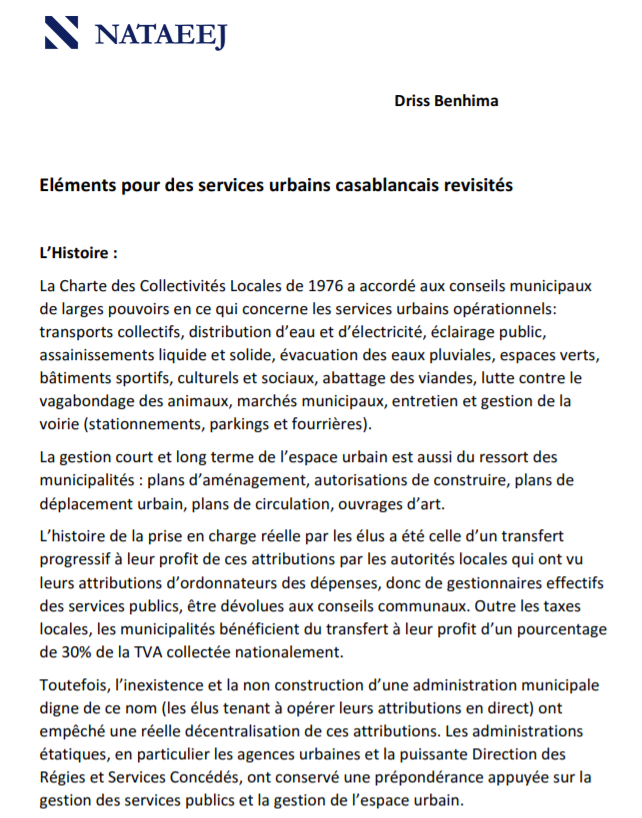 Pour des services urbains casablancais revisites